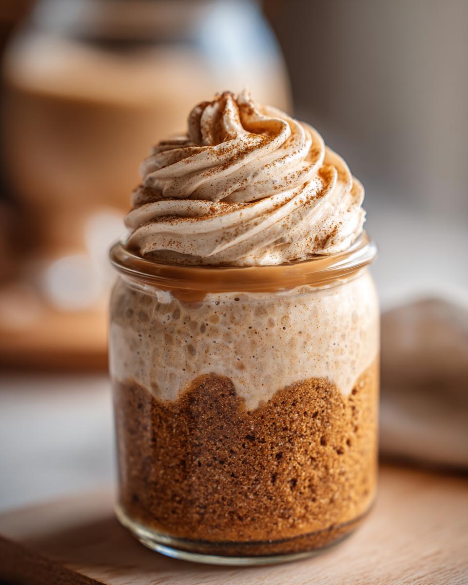A close-up of cinnamon roll overnight oats in a jar, topped with whipped cream and cinnamon.
