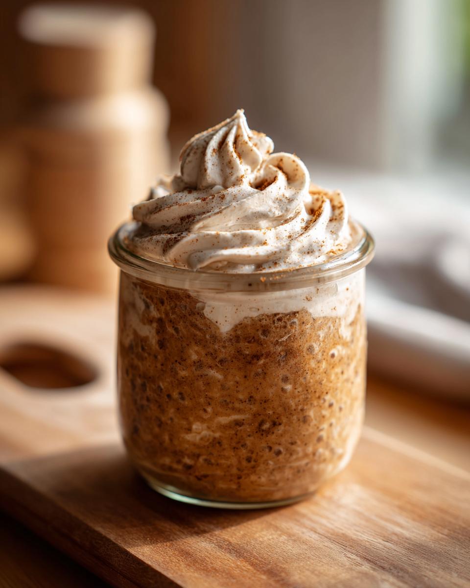 Close-up of cinnamon roll overnight oats in a jar, topped with whipped cream and cinnamon.