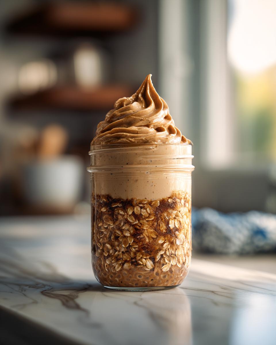 Close-up of a jar filled with cinnamon roll overnight oats, topped with a swirl of creamy peanut butter.