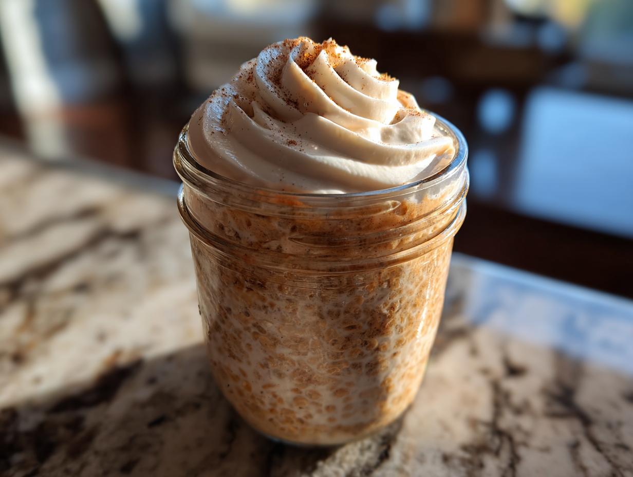 A jar of cinnamon roll overnight oats topped with whipped cream and cinnamon, perfect for breakfast ideas.