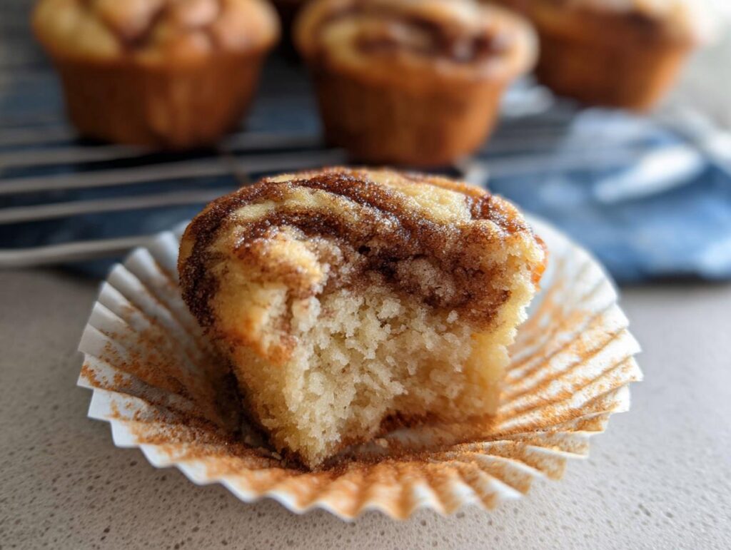 A close-up of a Cinnamon Roll Protein Muffin with a bite taken out, showing the fluffy interior and cinnamon swirl.