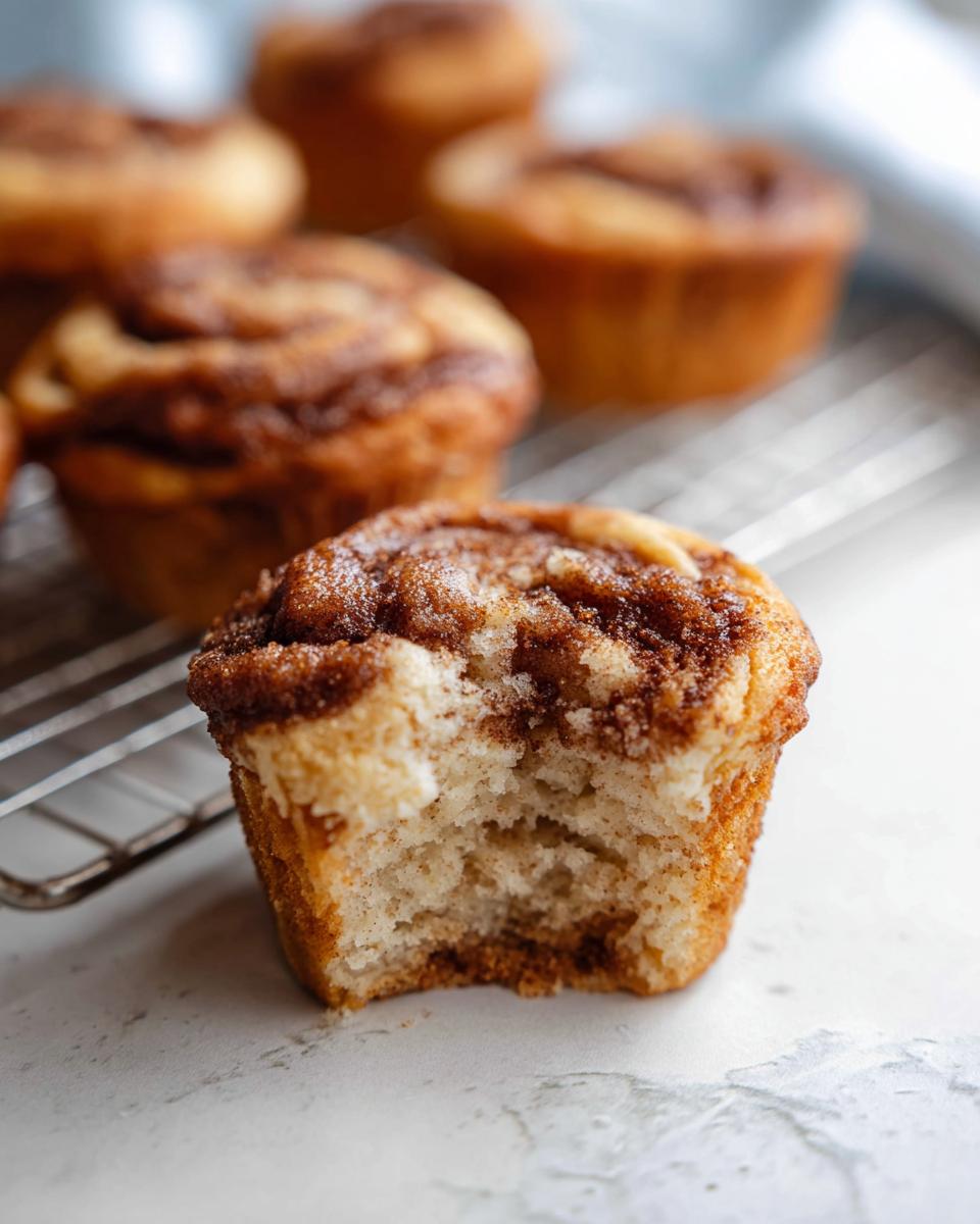 Close-up of a Cinnamon Roll Protein Muffin with a bite taken out, showing the fluffy interior and cinnamon swirl.