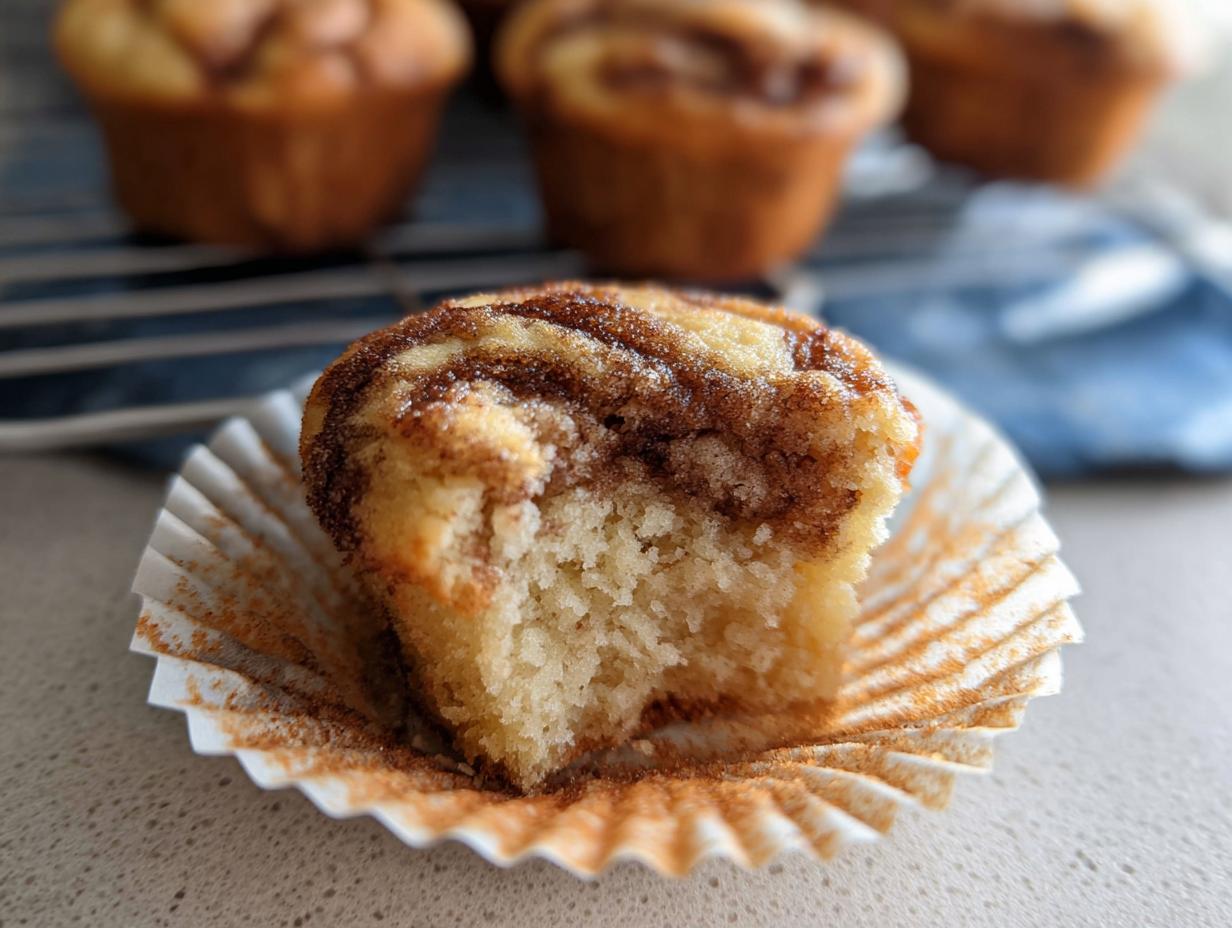 A close-up of a Cinnamon Roll Protein Muffin with a bite taken out, showing the fluffy interior and cinnamon swirl.