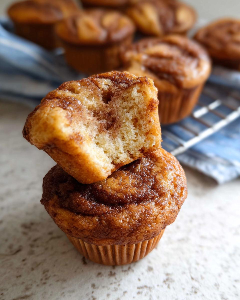 A close-up of a Cinnamon Roll Protein Muffin broken in half, revealing the swirled cinnamon inside.