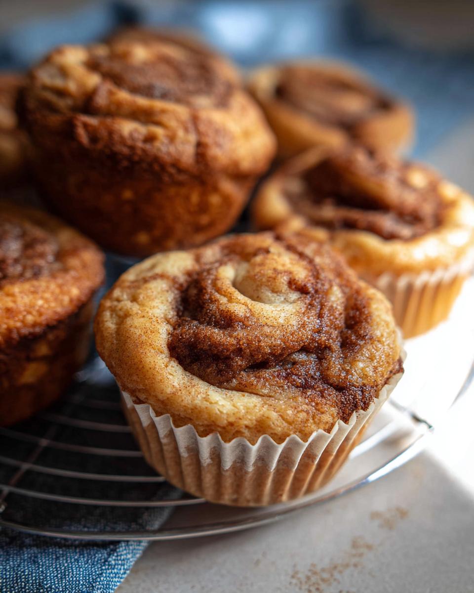 Close-up of delicious Cinnamon Roll Protein Muffins with a swirl of cinnamon sugar on top, resting on a wire cooling rack.