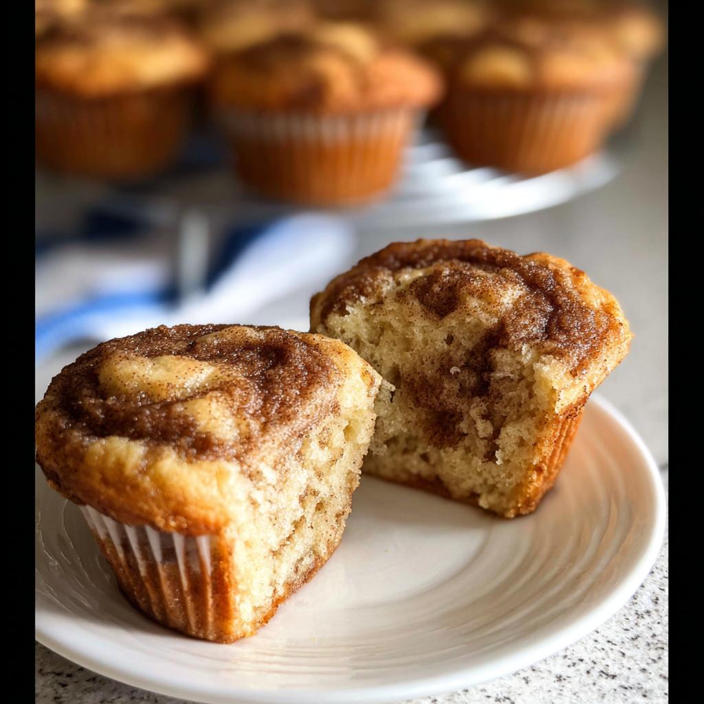 A close-up of a Cinnamon Roll Protein Muffin, split in half, revealing its fluffy interior and cinnamon swirl.