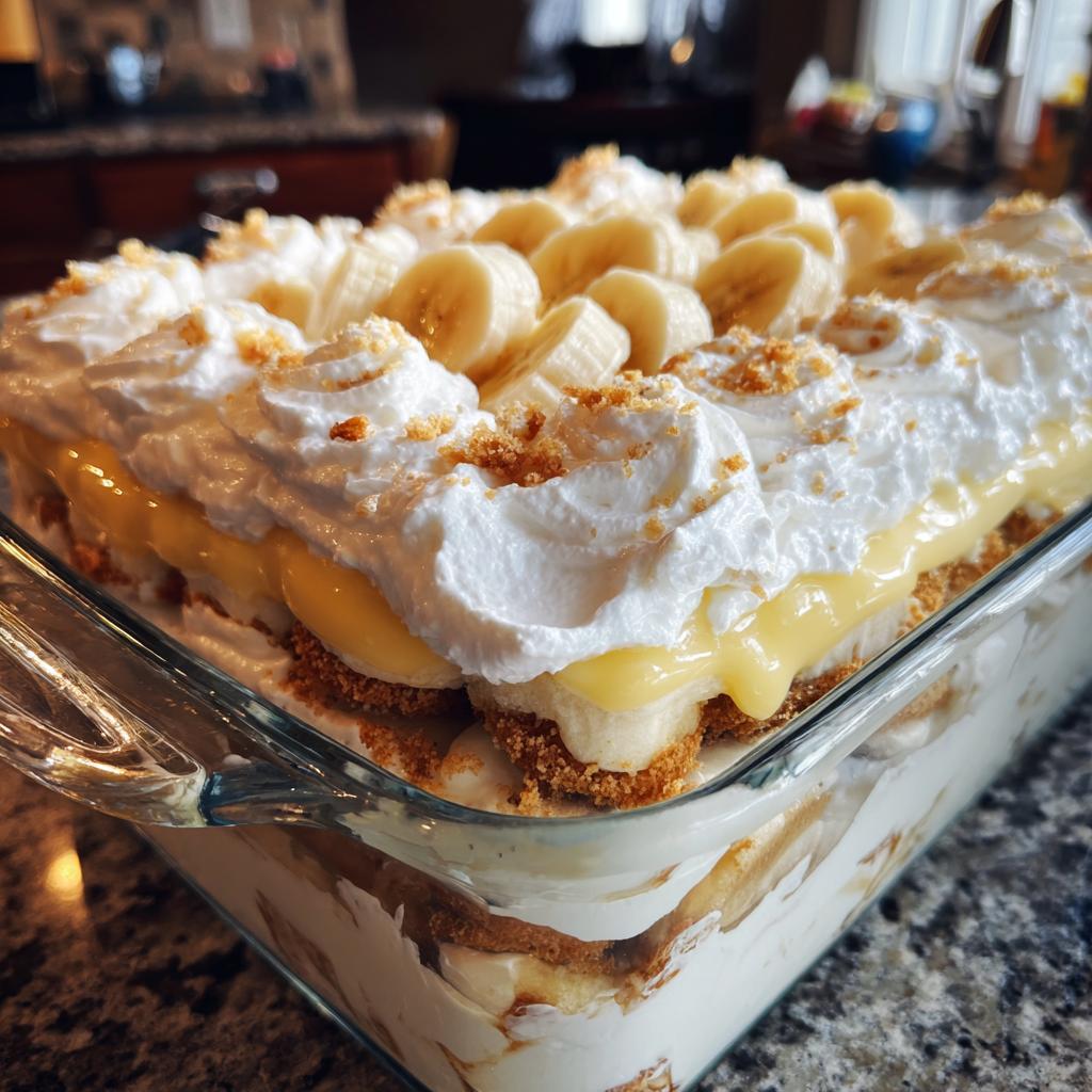 A delicious classic banana pudding in a glass dish, topped with homemade whipped cream and sliced bananas.