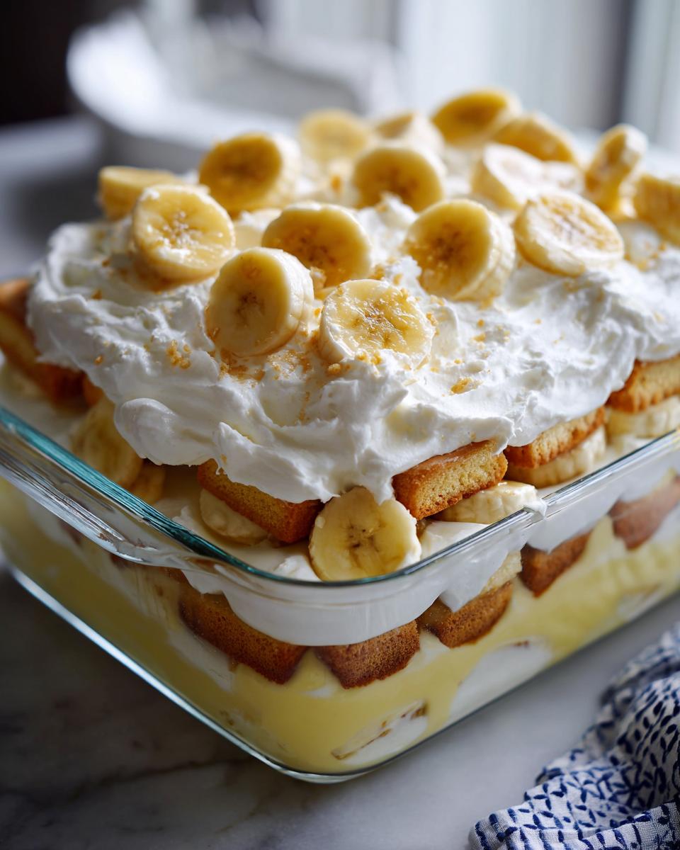 A close-up of a layered classic banana pudding in a glass dish, topped with sliced bananas and homemade whipped cream.