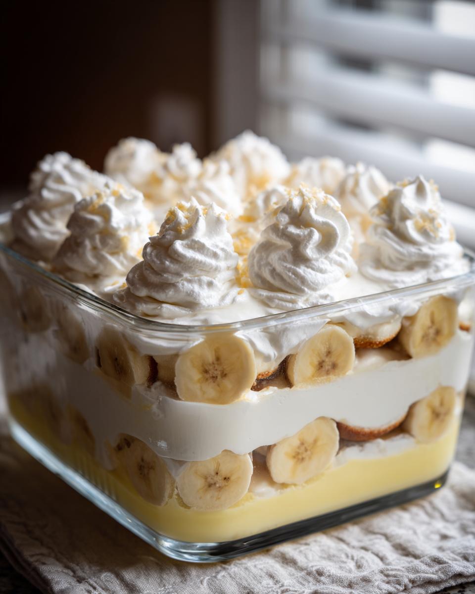 A clear glass dish filled with layers of classic banana pudding, vanilla wafers, sliced bananas, and topped with homemade whipped cream.