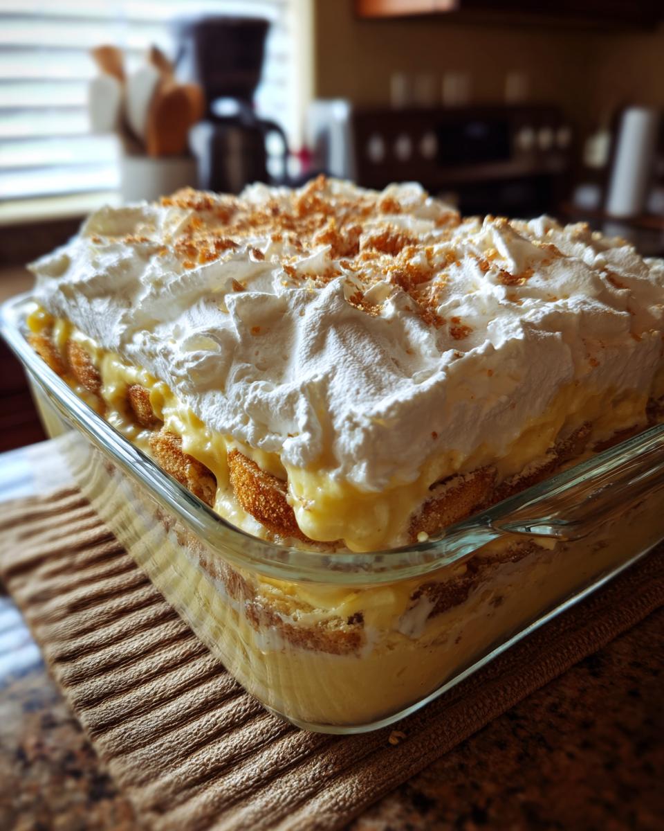 A close-up of a glass baking dish filled with layers of classic banana pudding, vanilla wafers, and fluffy homemade whipped cream.