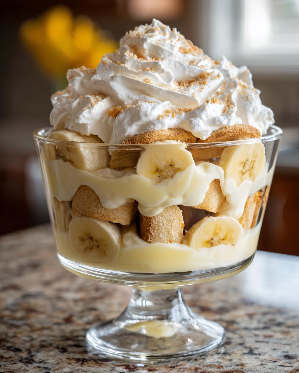 A glass trifle dish filled with layers of creamy pudding, sliced bananas, vanilla wafers, and topped with homemade whipped cream and cookie crumbs. Classic banana pudding recipe.