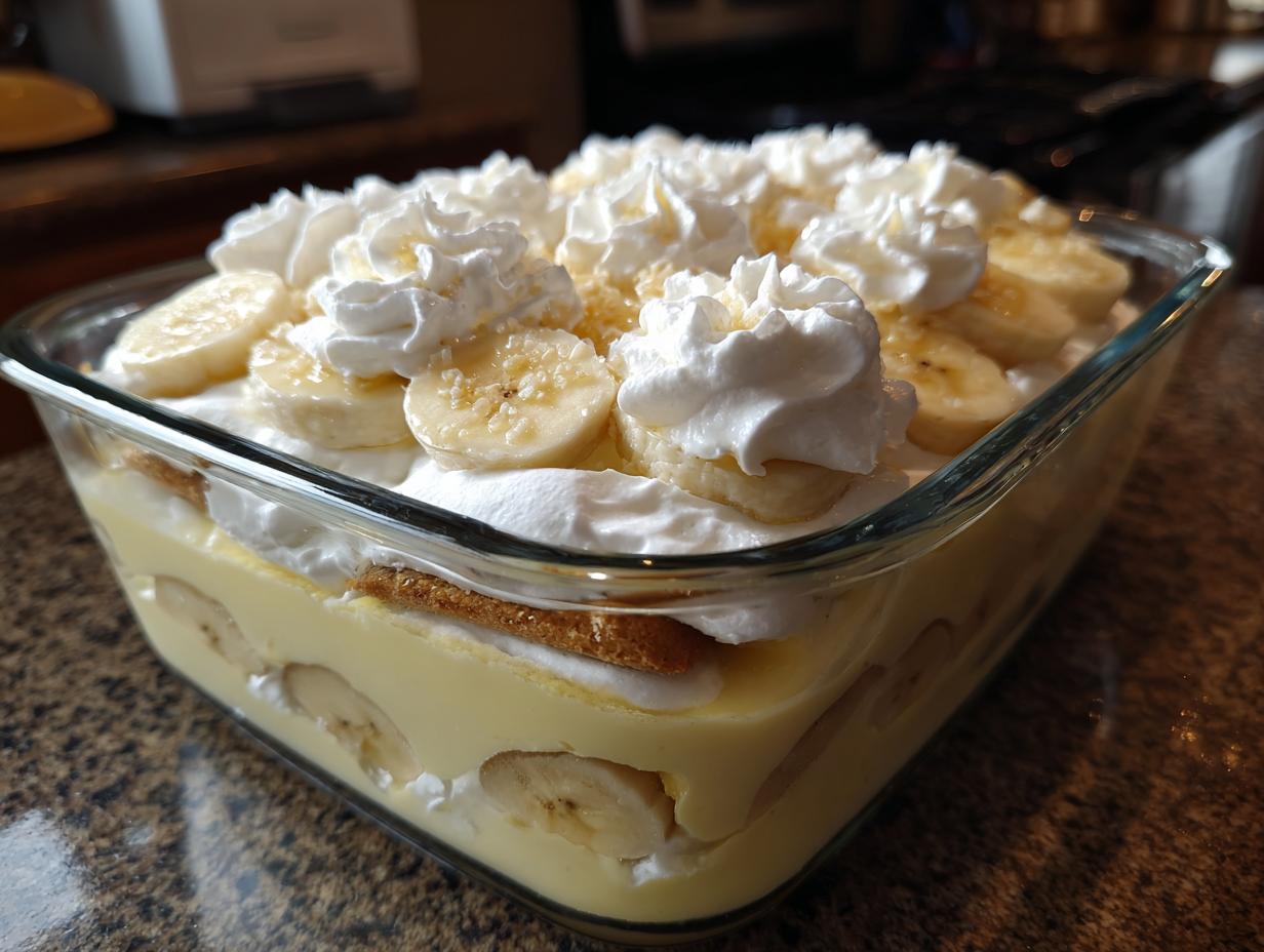 A glass dish filled with layers of classic banana pudding, sliced bananas, vanilla wafers, and topped with homemade whipped cream.