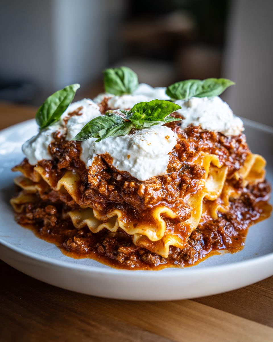 A hearty serving of Classic Lasagna Soup with layers of pasta, rich meat sauce, and dollops of creamy ricotta cheese, garnished with fresh basil.