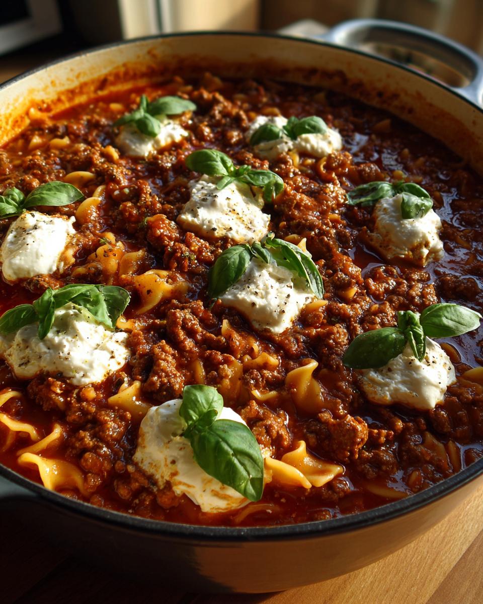 A comforting bowl of classic lasagna soup with ground meat, pasta noodles, and dollops of ricotta cheese, garnished with fresh basil.