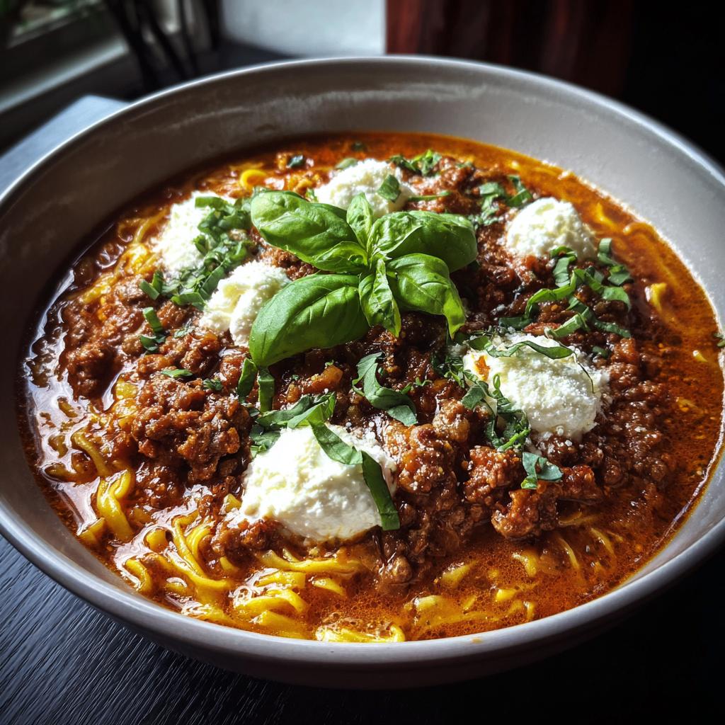 A hearty bowl of Classic Lasagna Soup with extra comfort, featuring noodles, rich bolognese sauce, dollops of ricotta, and fresh basil.