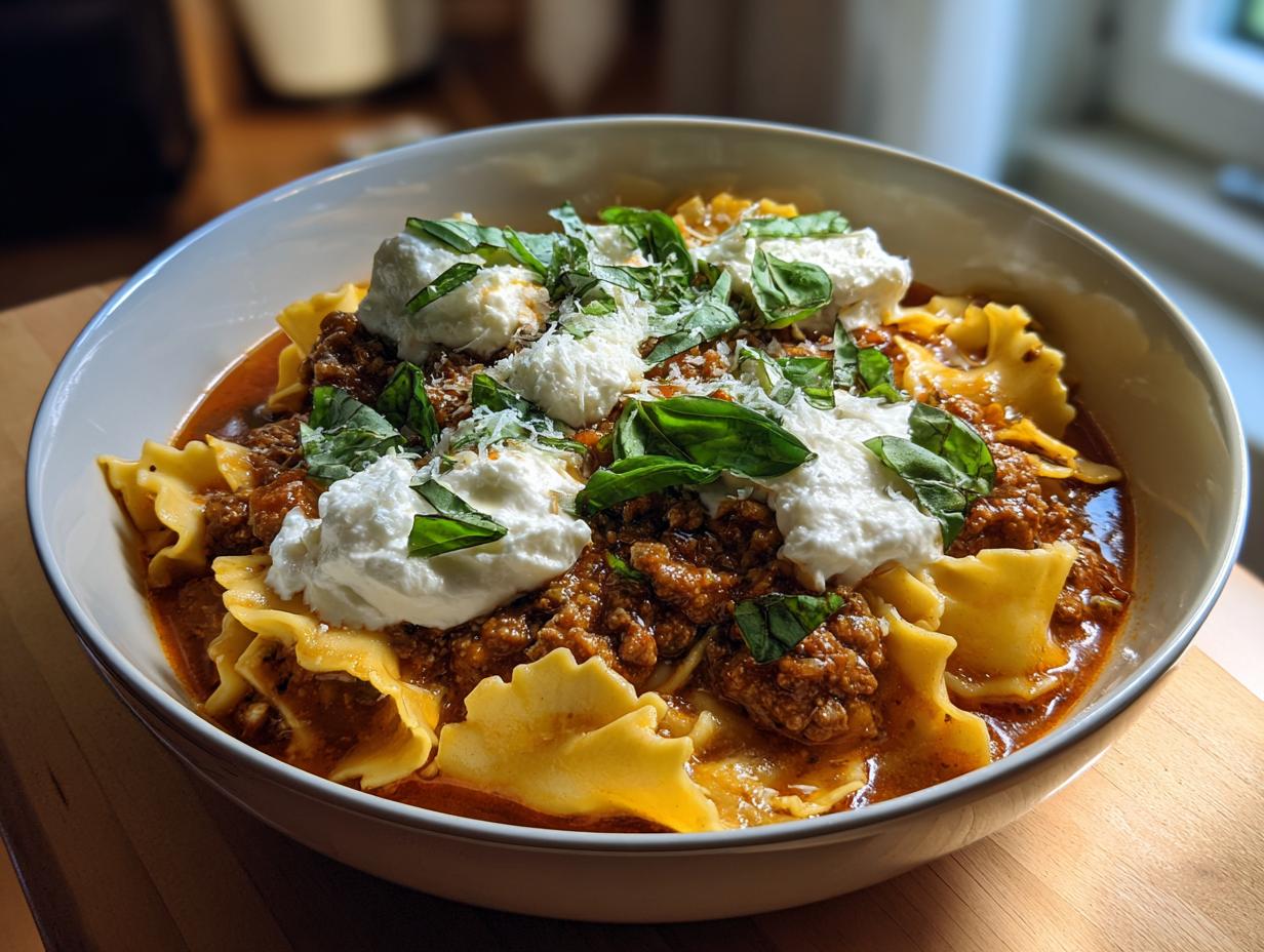 A bowl of comforting Classic Lasagna Soup with pasta, rich meat sauce, dollops of ricotta, and fresh basil.