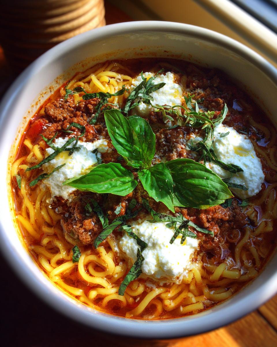 A bowl of classic lasagna soup with pasta noodles, rich meat sauce, dollops of ricotta cheese, and fresh basil.