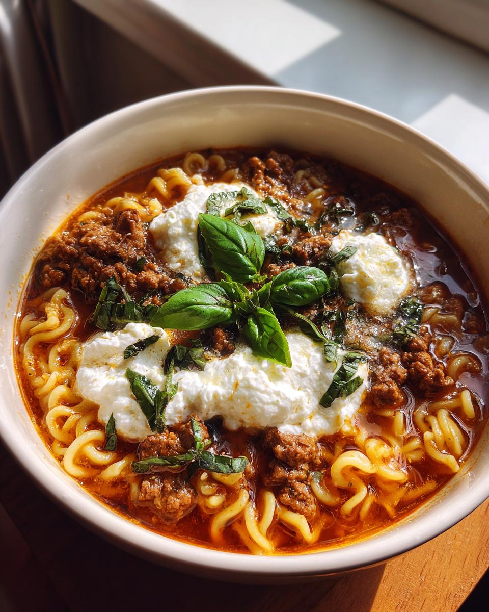 A comforting bowl of Classic Lasagna Soup with curly pasta, rich meat sauce, dollops of ricotta, and fresh basil.