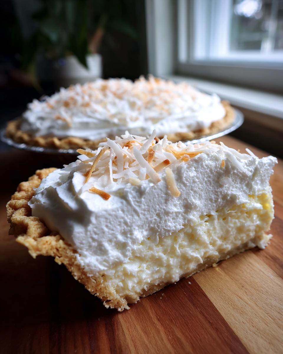 A delicious slice of coconut cream pie, topped with whipped cream and toasted coconut flakes. Perfect for dessert recipes with coconut cream pie.