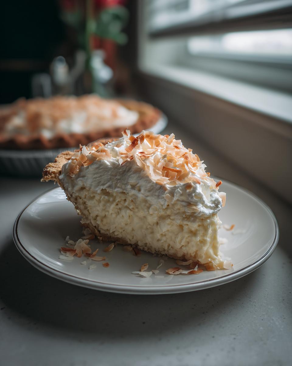 A delicious slice of Coconut Cream Pie, topped with whipped cream and toasted coconut flakes, ready for holiday tables.