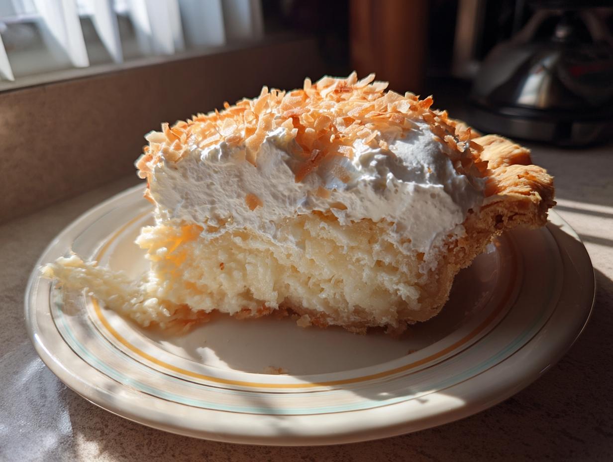 A generous slice of coconut cream pie, topped with whipped cream and toasted coconut flakes, on a decorative plate.