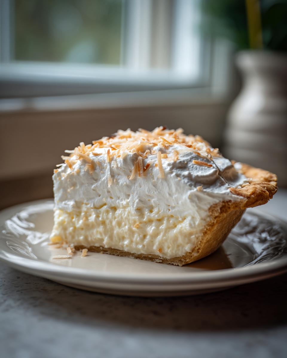 A generous slice of coconut cream pie, topped with whipped cream and toasted coconut flakes.