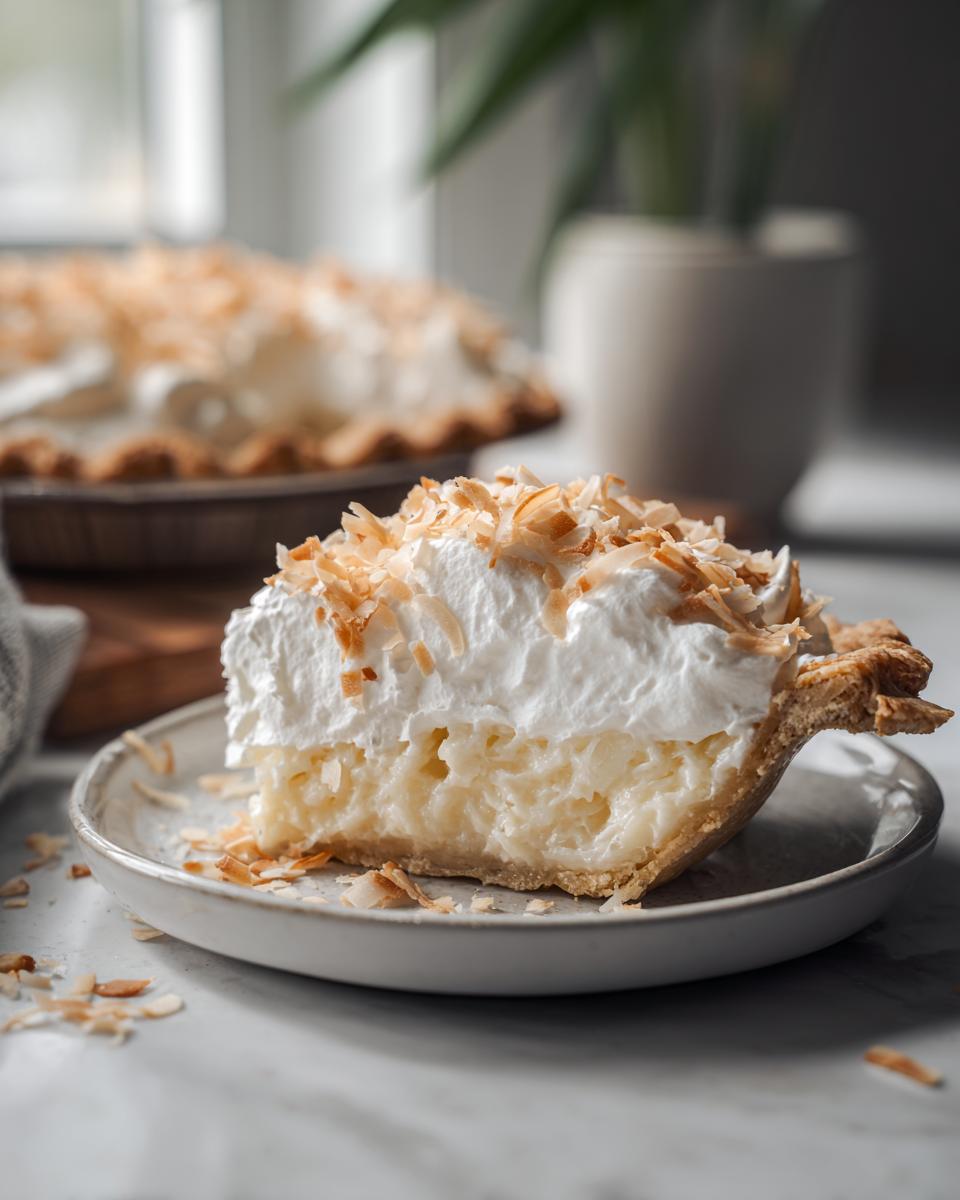 A close-up of a slice of creamy coconut pie topped with whipped cream and toasted coconut flakes.