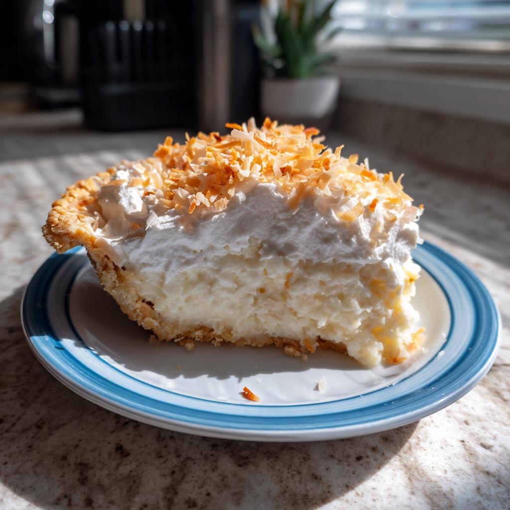 A delicious slice of coconut cream pie, topped with whipped cream and toasted coconut flakes.