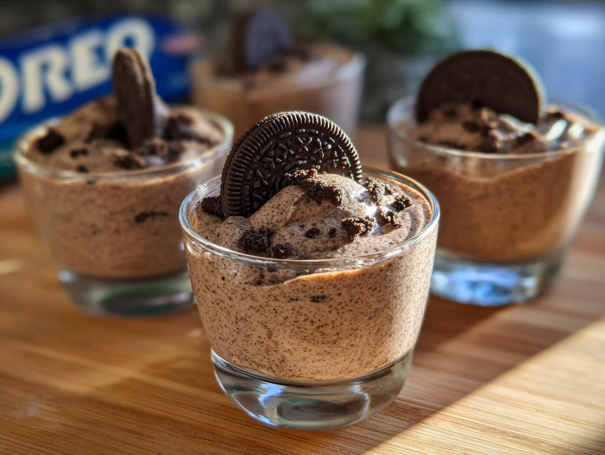 Close-up of individual glasses filled with creamy Cookies and Cream Mousse, topped with crushed cookies and an Oreo.