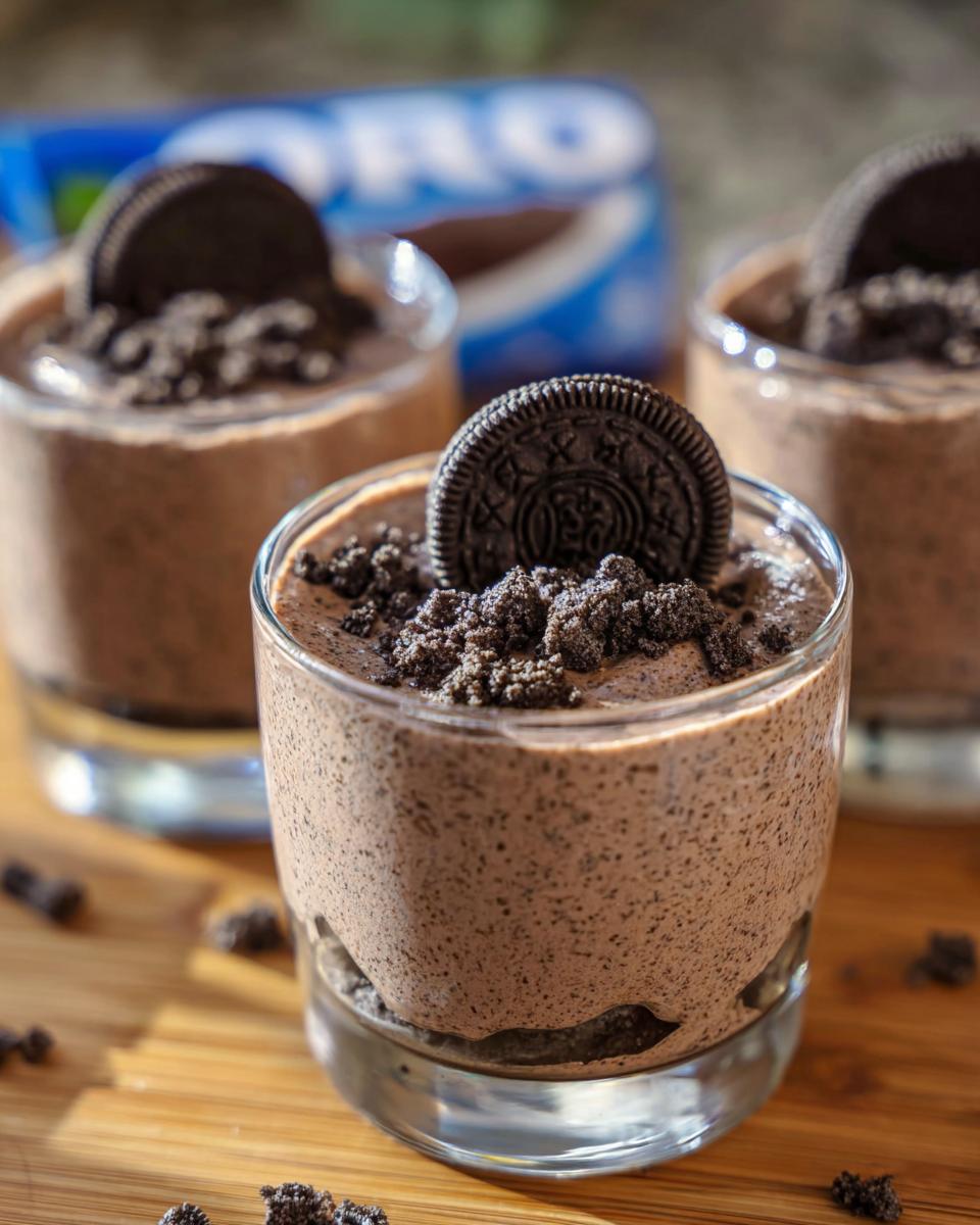 Close-up of three glasses filled with creamy Cookies and Cream Mousse, topped with crushed Oreos and a whole cookie.