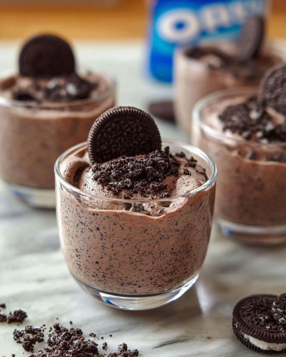 Close-up of a glass filled with creamy Cookies and Cream Mousse, topped with crushed cookies and an Oreo cookie.