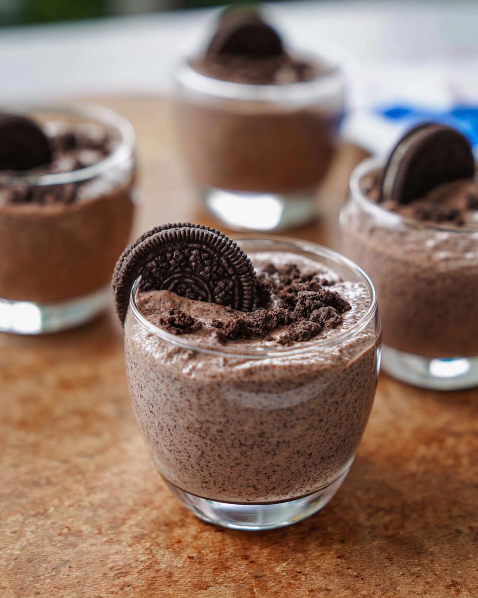 Close-up of individual glasses filled with creamy Cookies and Cream Mousse, topped with crushed cookies and a whole Oreo.