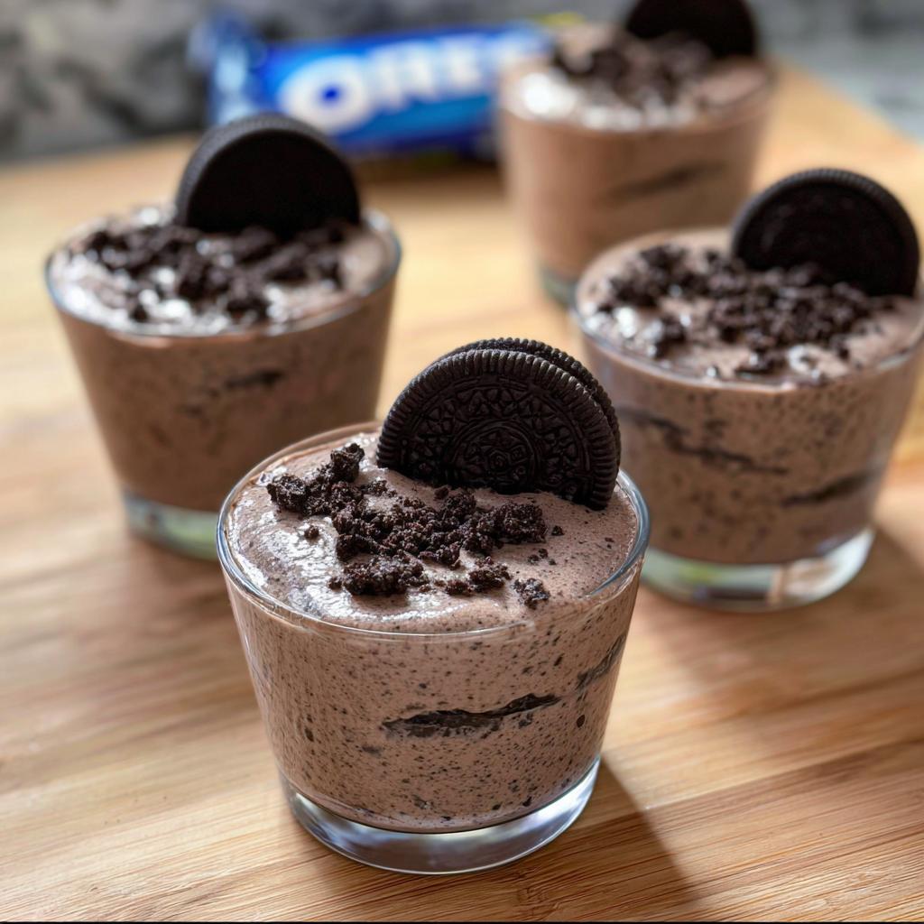 Four glasses filled with creamy Cookies and Cream Mousse, topped with crushed Oreos and a whole Oreo cookie.