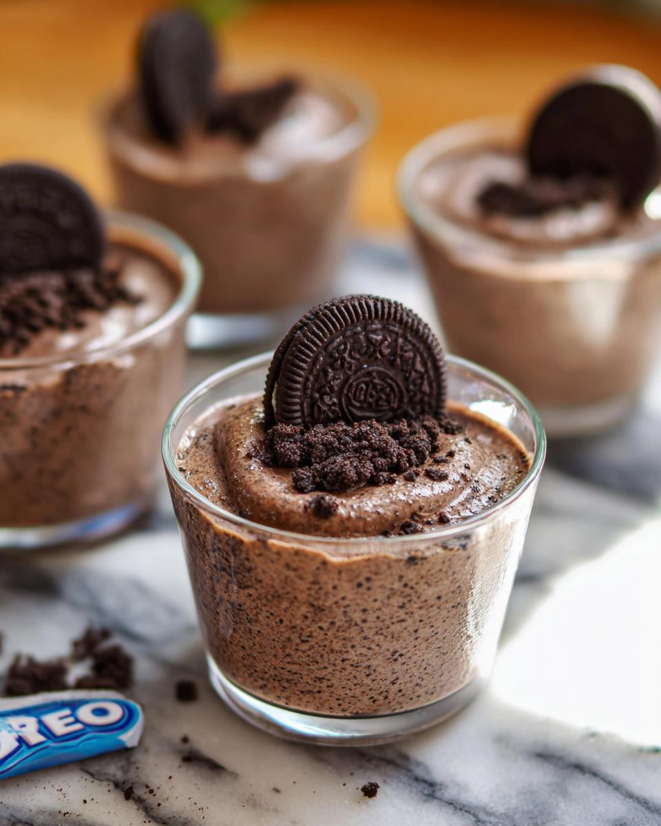 A close-up of a glass of Cookies and Cream Mousse topped with crushed Oreos and a whole Oreo cookie.