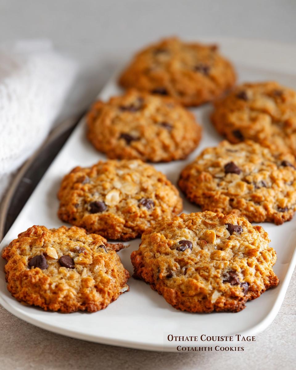 A plate of freshly baked cottage cheese oatmeal cookies with chocolate chips and oats.