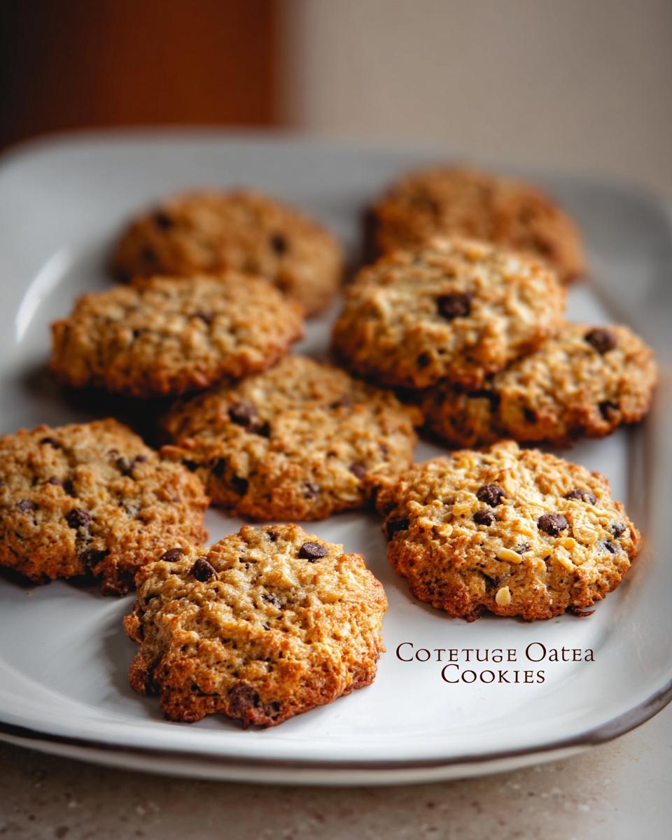 A plate full of freshly baked cottage cheese oatmeal cookies with chocolate chips, perfect for a healthy snack.
