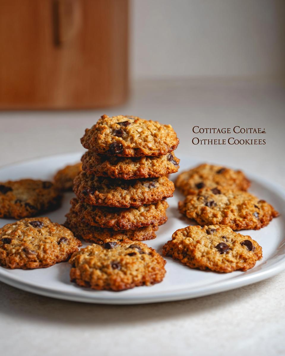 A stack of golden brown cottage cheese oatmeal cookies with chocolate chips on a white plate.