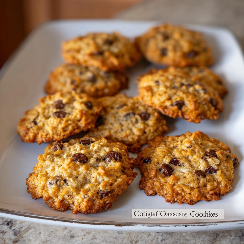 A plate full of golden brown cottage cheese oatmeal cookies with chocolate chips.