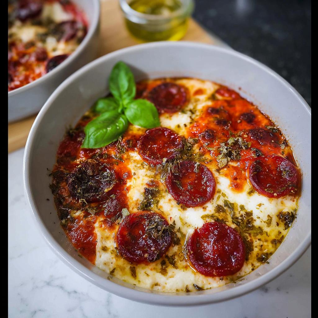A close-up of a Cottage Cheese Pizza Bowl topped with pepperoni, marinara sauce, herbs, and fresh basil.
