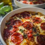 Close-up of a delicious Cottage Cheese Pizza Bowl topped with pepperoni, marinara sauce, and melted cheese.