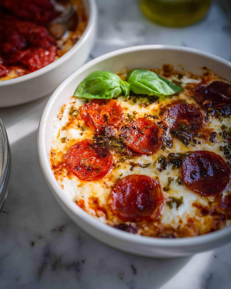 A close-up of a delicious Cottage Cheese Pizza Bowl topped with pepperoni, melted cheese, and fresh basil.