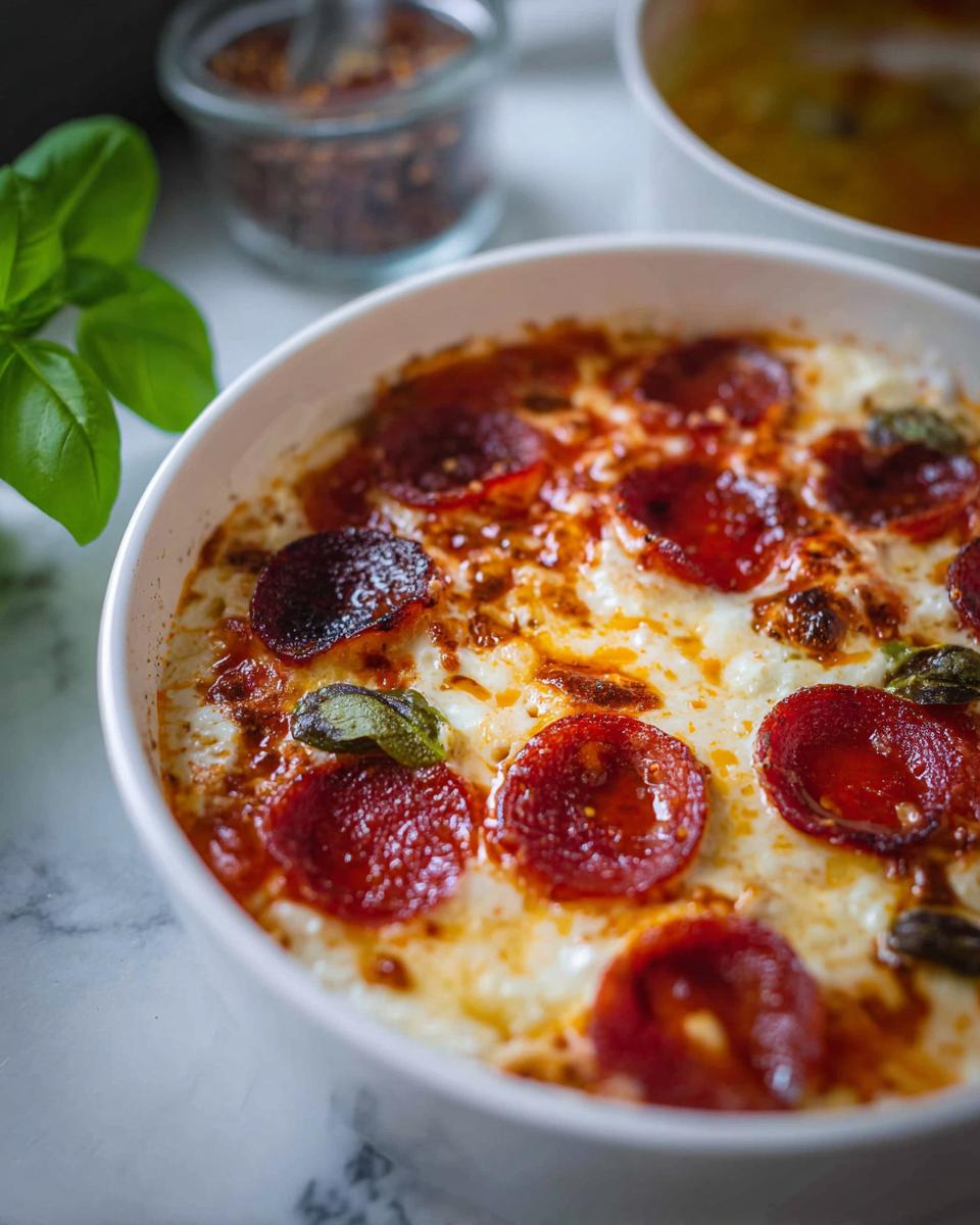 A close-up of a Cottage Cheese Pizza Bowl topped with melted cheese and pepperoni slices.