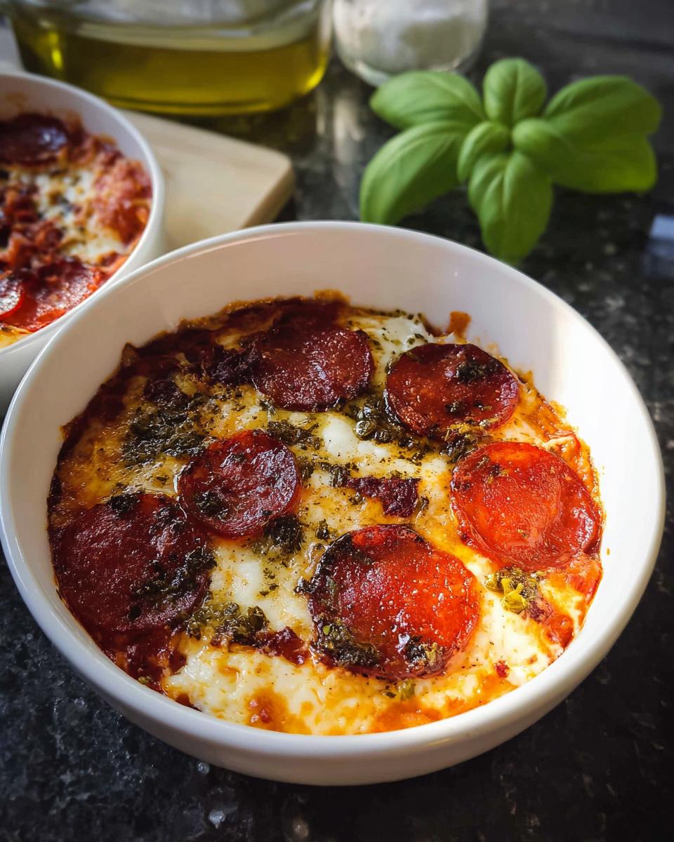 Close-up of a baked Cottage Cheese Pizza Bowl topped with melted cheese, pepperoni slices, and herbs.