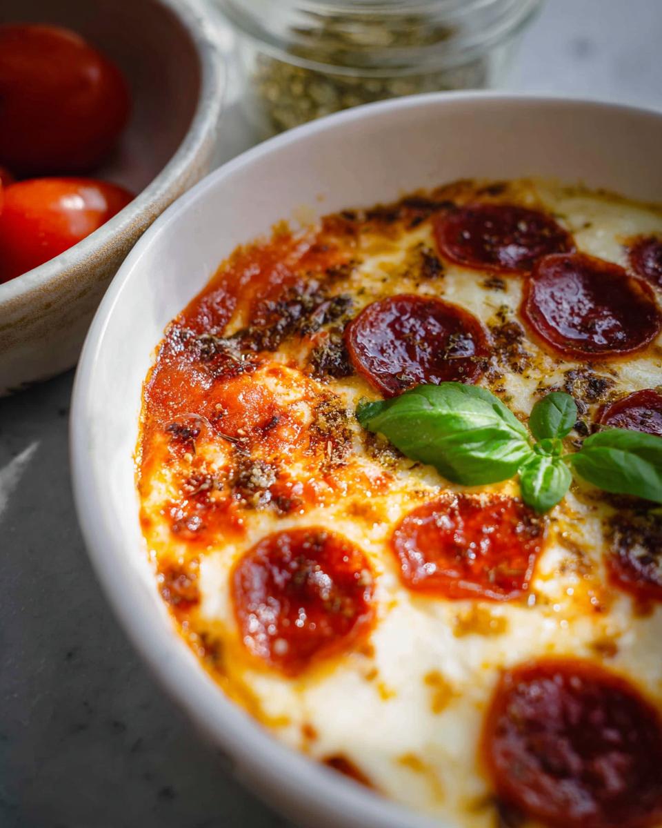 A close-up of a Cottage Cheese Pizza Bowl topped with melted cheese, pepperoni slices, and fresh basil.