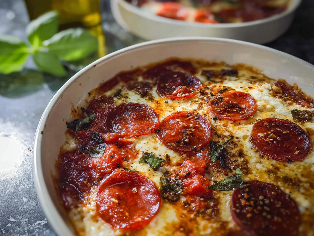 Close-up of a delicious Cottage Cheese Pizza Bowl topped with pepperoni, marinara sauce, and melted cheese.