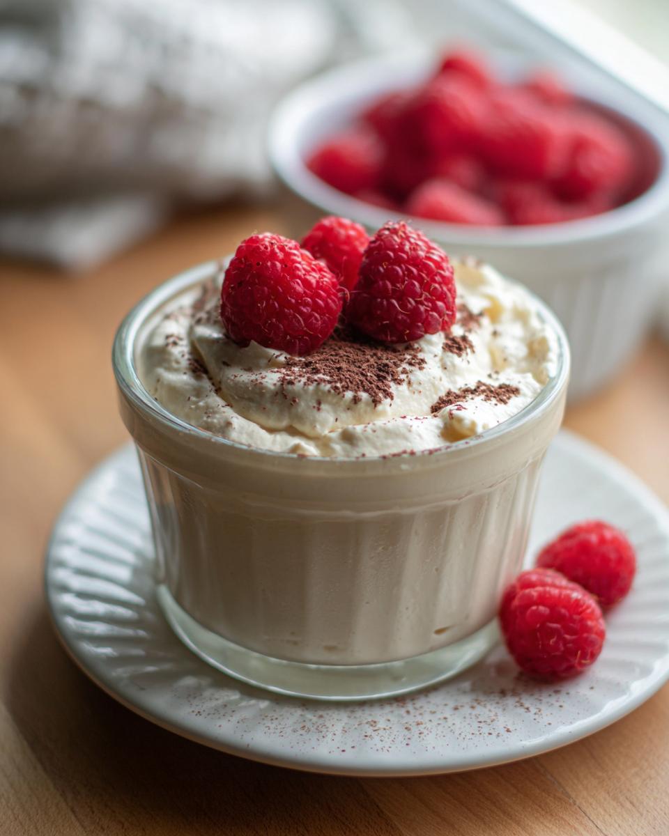 A serving of Cottage Cheese Raspberry Mousse topped with fresh raspberries and cocoa powder.