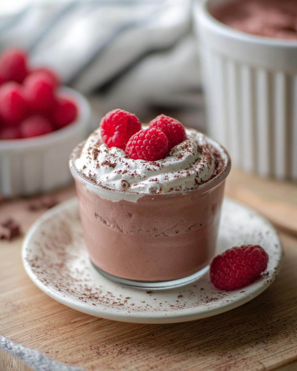 A serving of Cottage Cheese Raspberry Mousse topped with whipped cream and fresh raspberries.