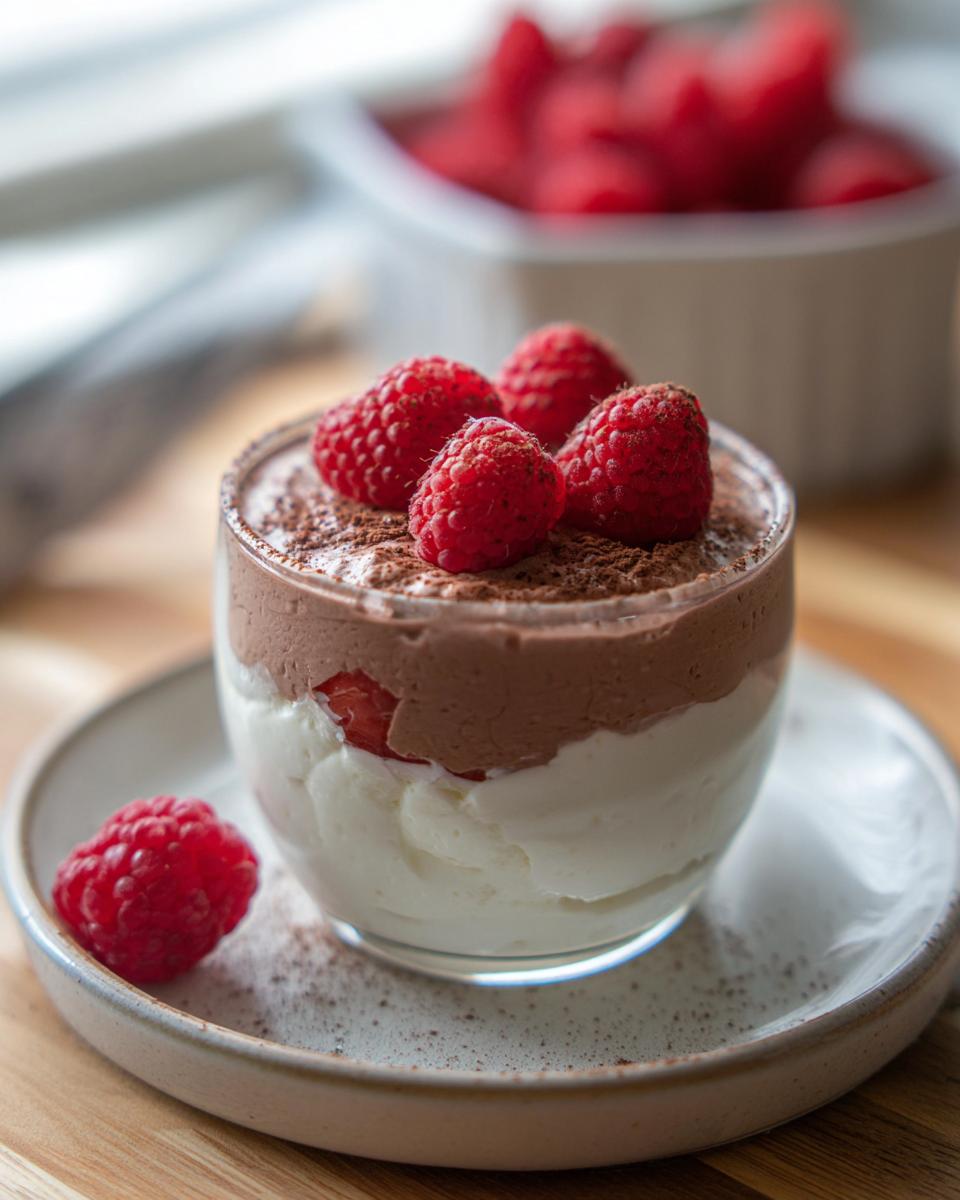 A layered Cottage Cheese Raspberry Mousse dessert in a glass, topped with fresh raspberries and cocoa powder.