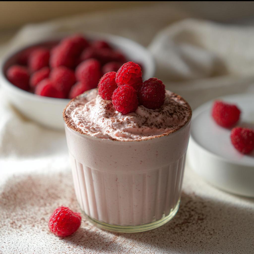 A serving of Cottage Cheese Raspberry Mousse topped with fresh raspberries and a dusting of cocoa powder.