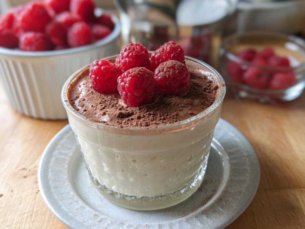 A delicate Cottage Cheese Raspberry Mousse served in a glass, topped with fresh raspberries and cocoa powder.